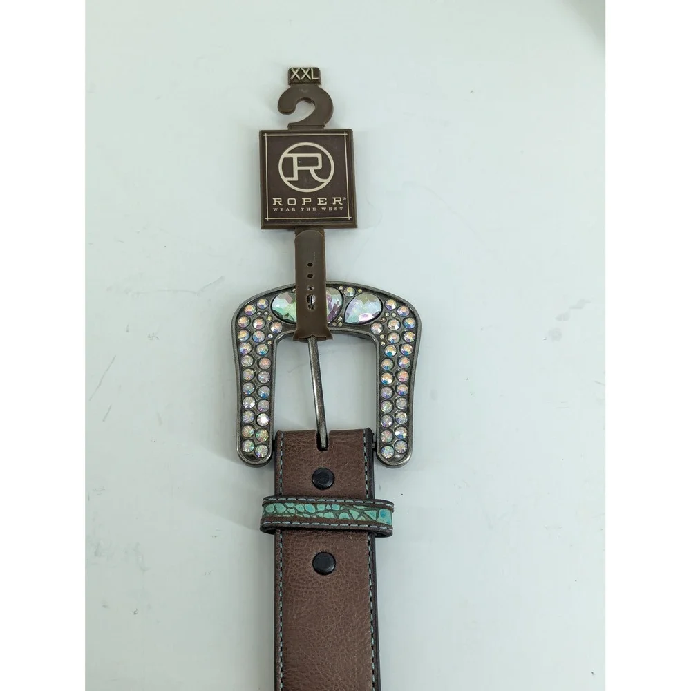 Roper Womens XXL Brown Turquoise Leather Western Belt Rhinestone Buckle 63847